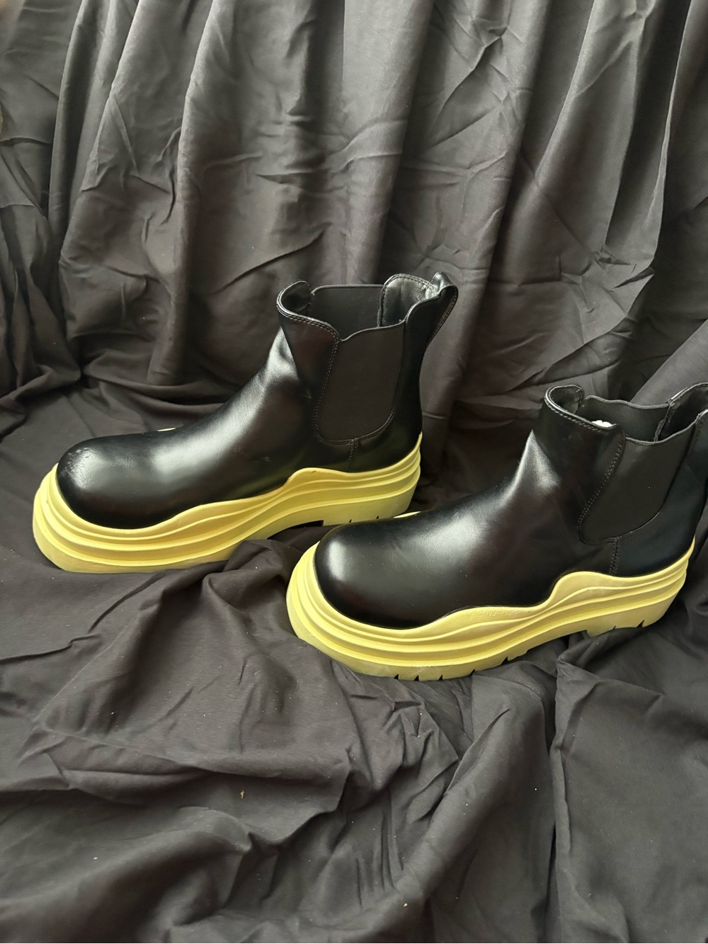 AKIRA Black Leather Chelsea Boots with Yellow Platform Sole